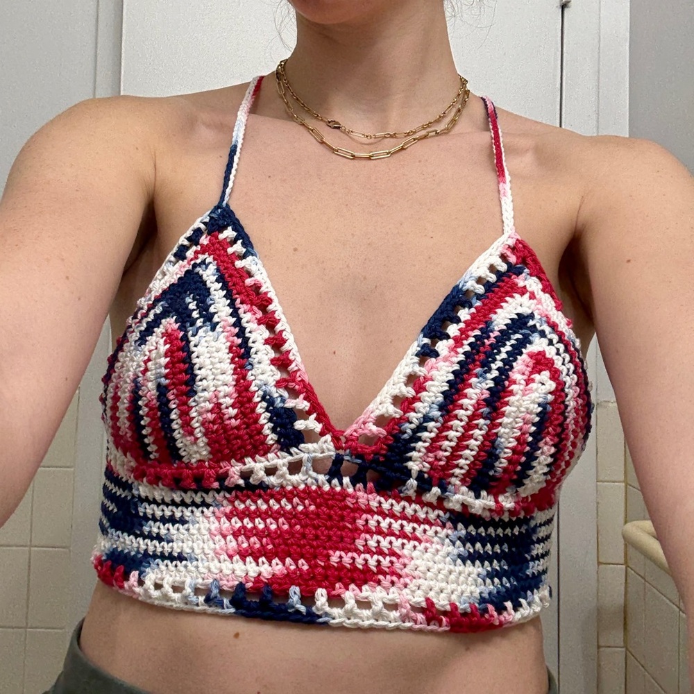Handmade Crochet Halter Top in Red, White, and Blue